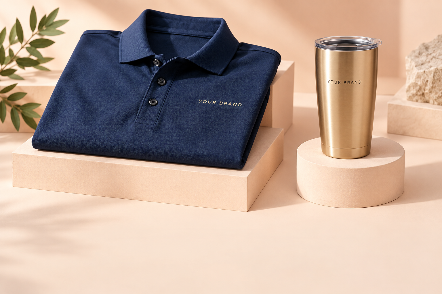 Business apparel and branded drinkware concept