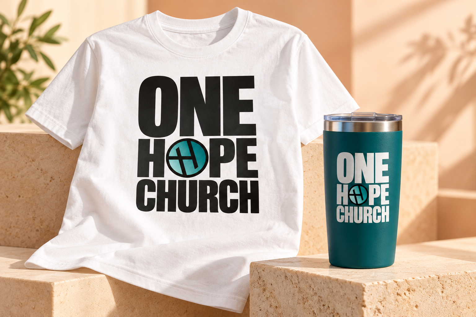 One Hope Church logo shirt and teal tumbler concept