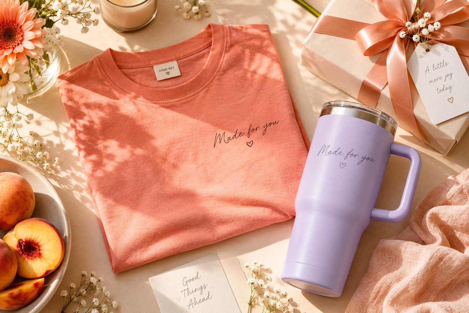 Coral personalized shirt and lavender tumbler concept