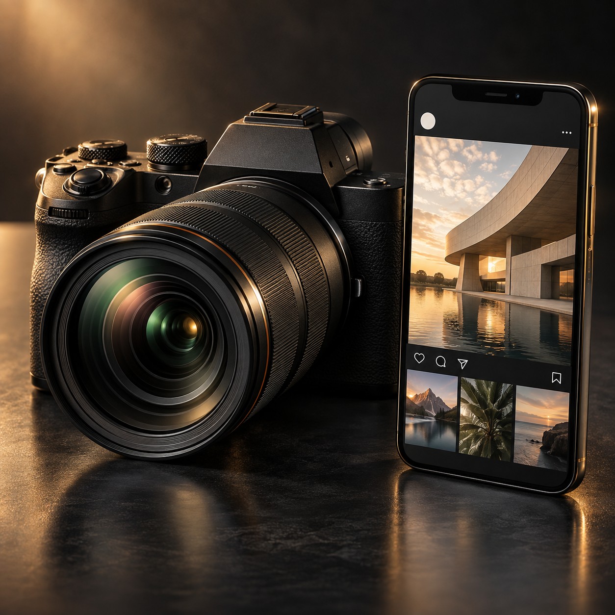 Professional camera and smartphone showing social media content