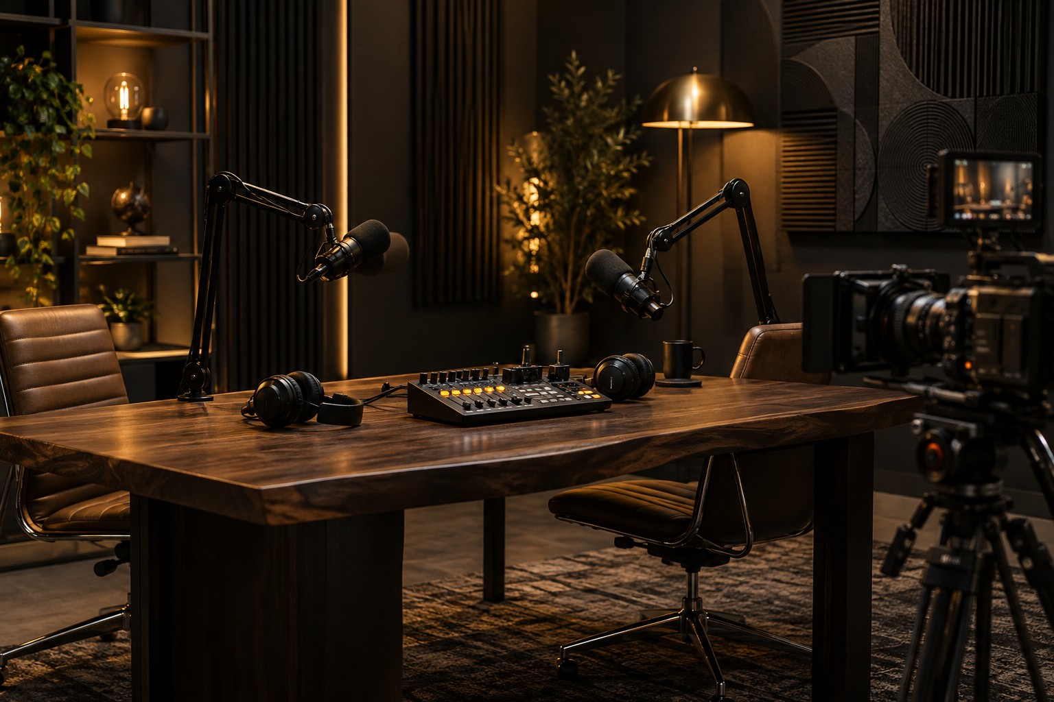 Podcast production concept with microphones, cameras and audio equipment